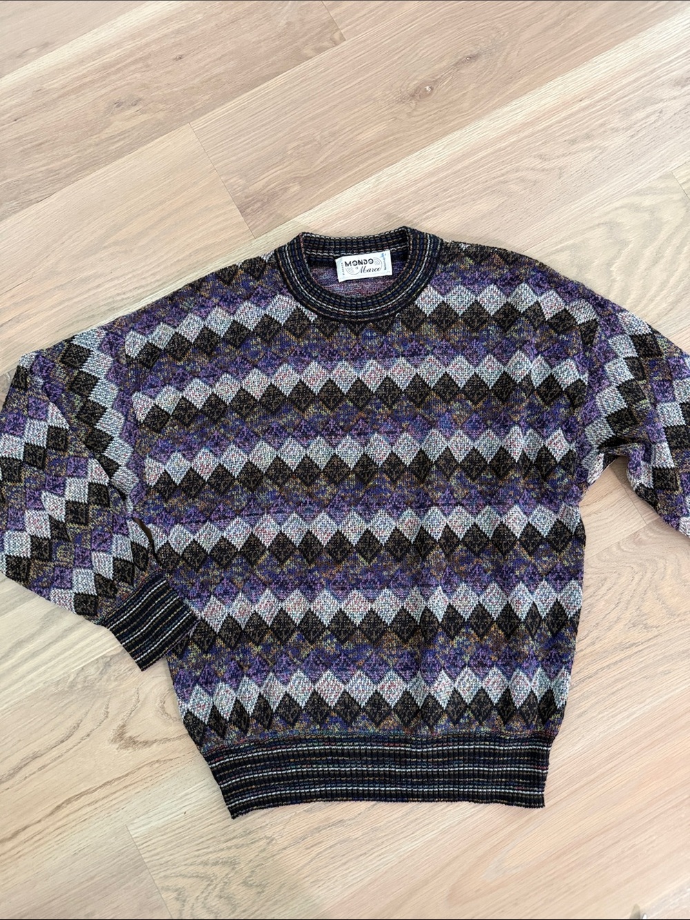Vintage 90s Mondo di Marco Italy Geometric Diamond Knit Sweater Purple Blue